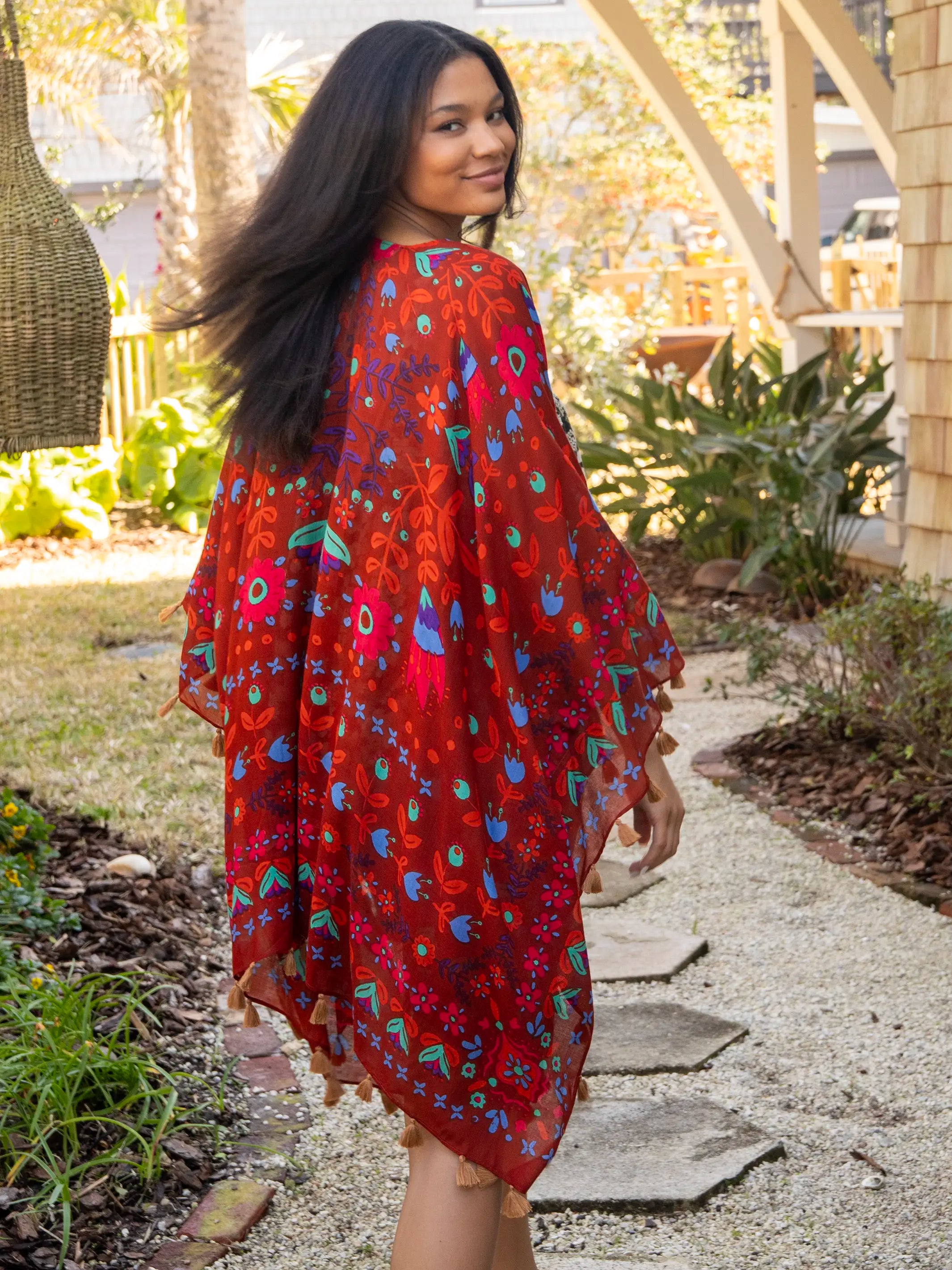 Soleil Tassel Kimono - Rust Floral Border