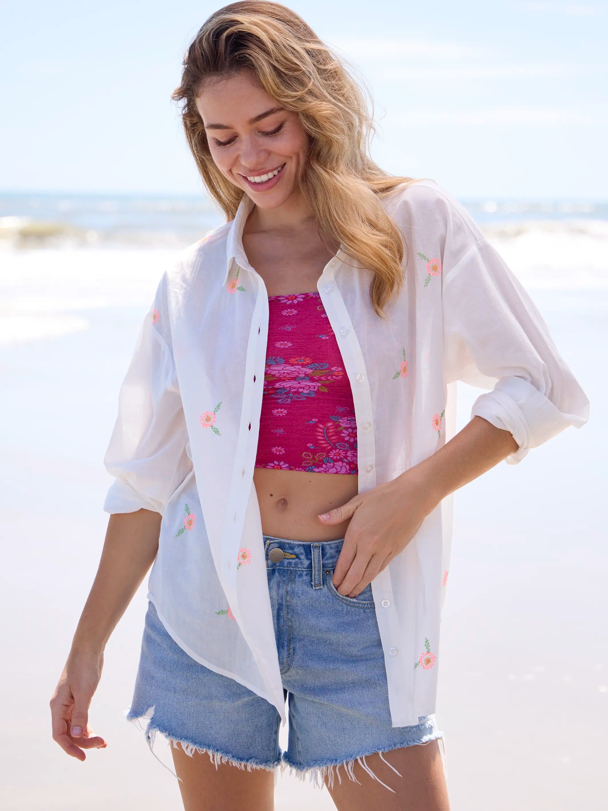 Barcelona Embroidered Cotton Button Down - White Floral