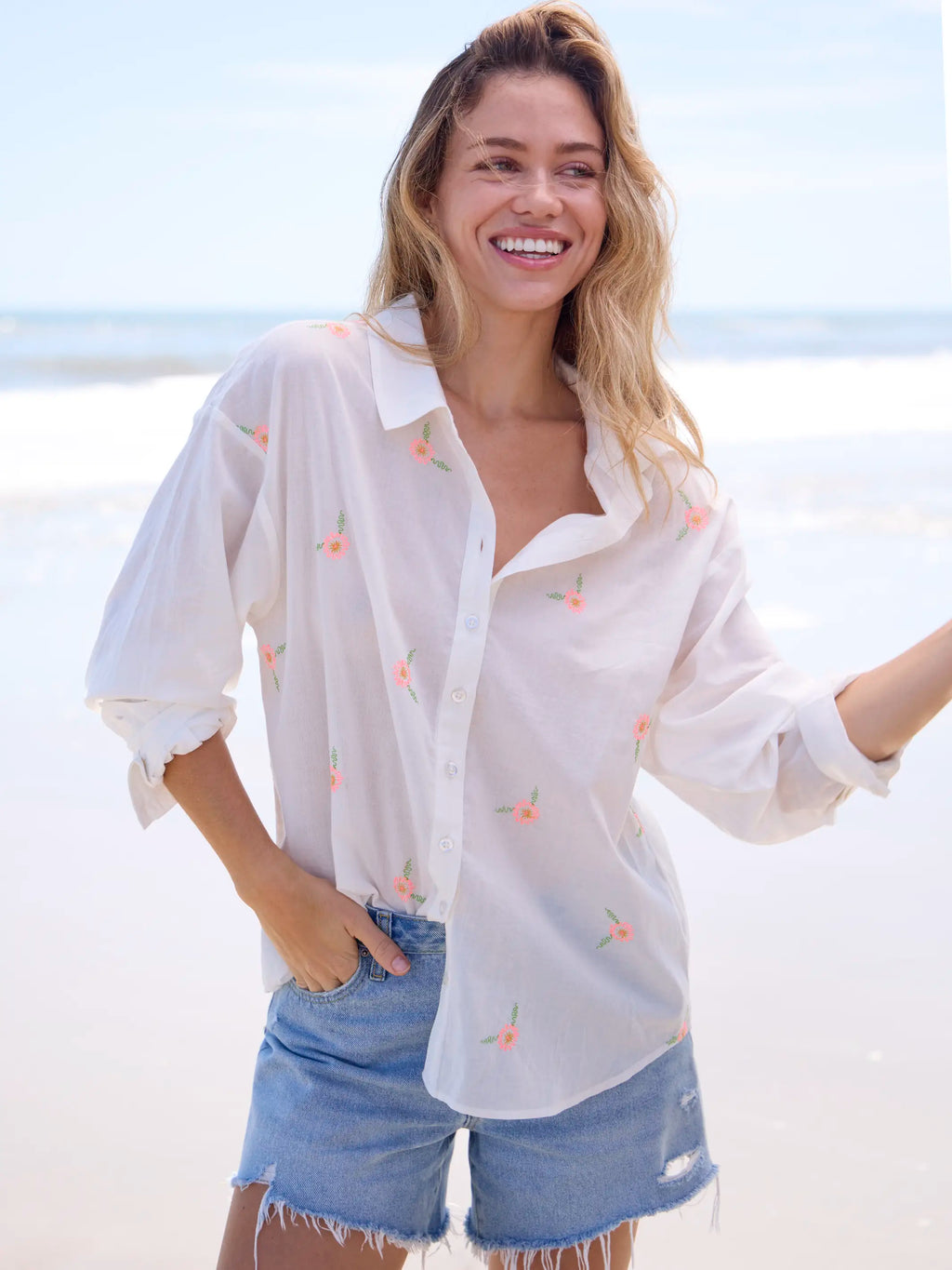 Barcelona Embroidered Cotton Button Down - White Floral