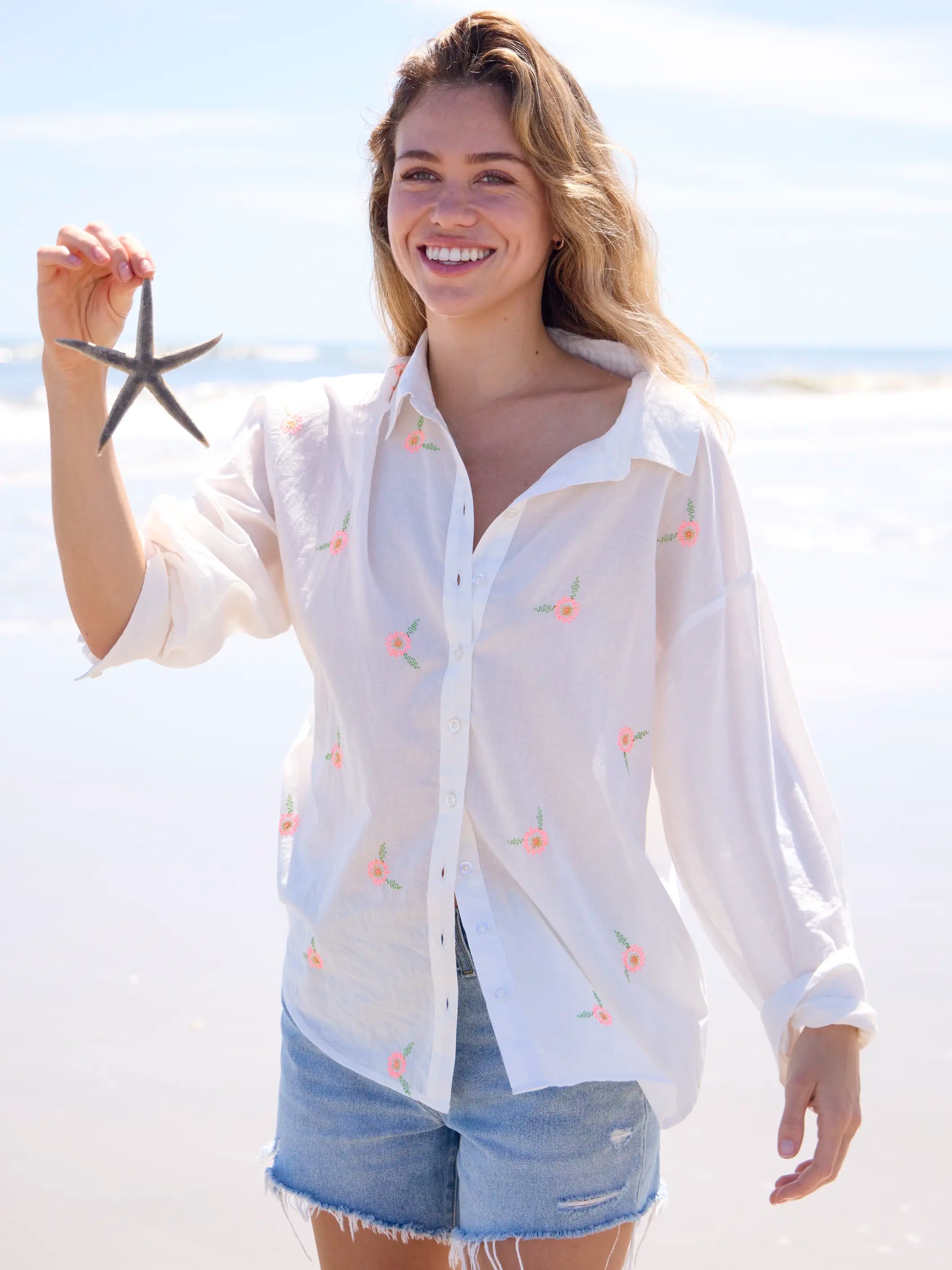 Barcelona Embroidered Cotton Button Down - White Floral