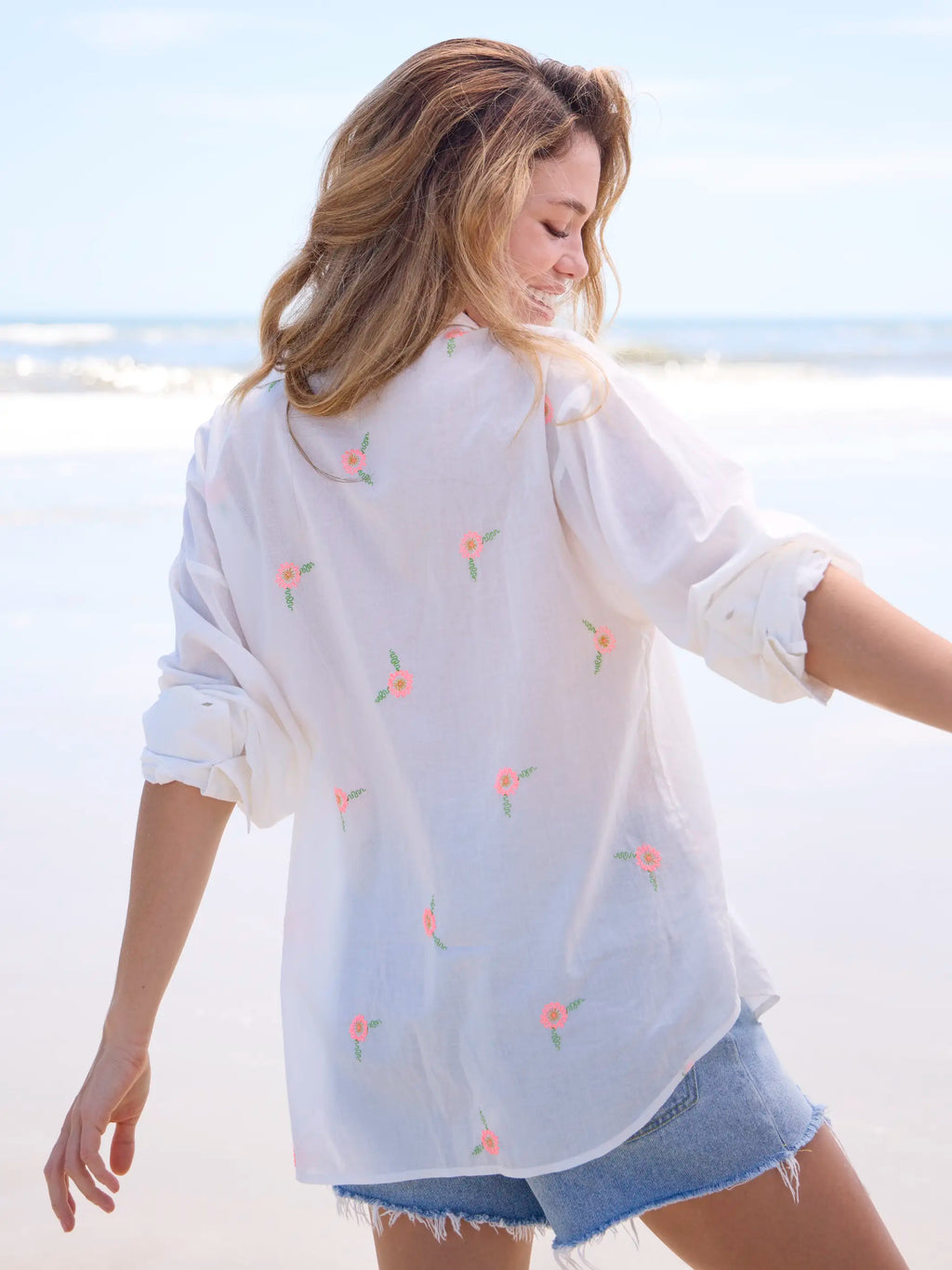 Barcelona Embroidered Cotton Button Down - White Floral