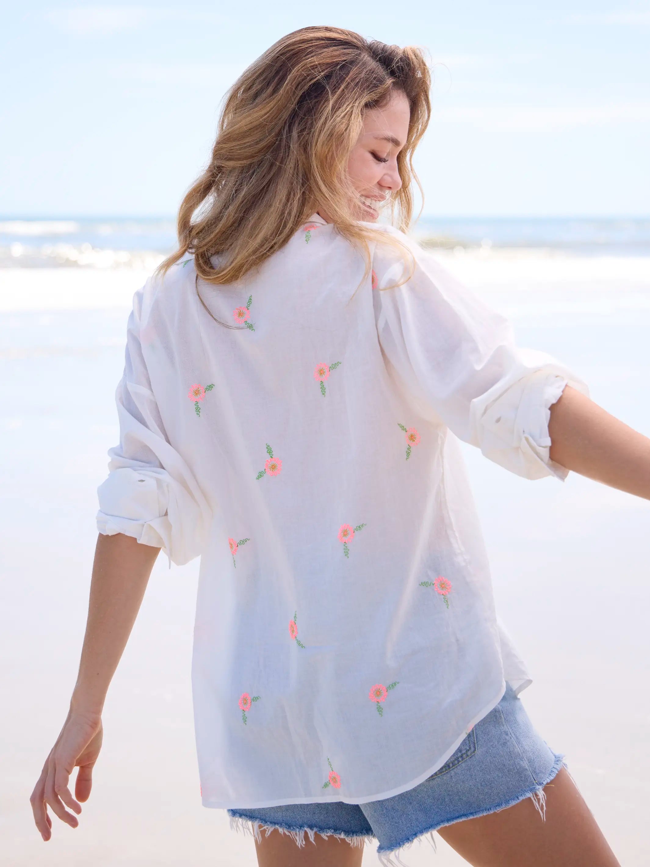 Barcelona Embroidered Cotton Button Down - White Floral