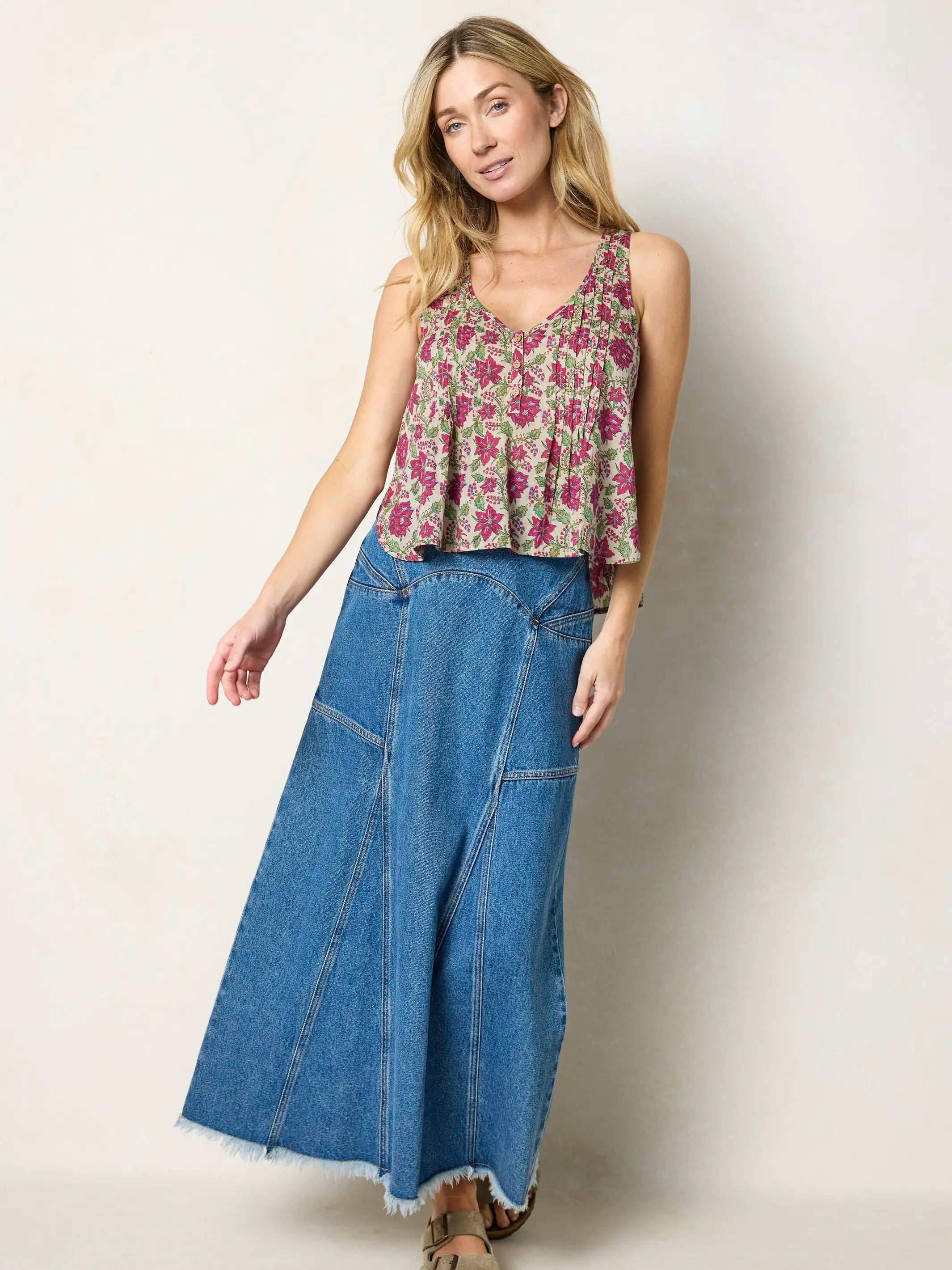 Savannah Cotton Sleeveless Top - Cream Red Lotus
