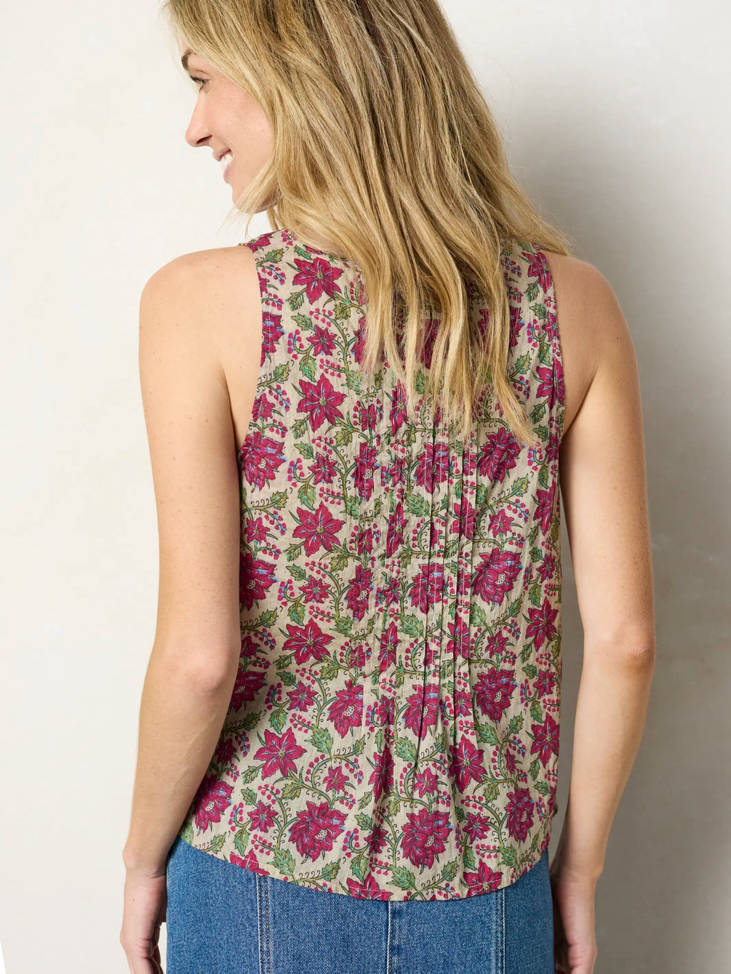 Savannah Cotton Sleeveless Top - Cream Red Lotus