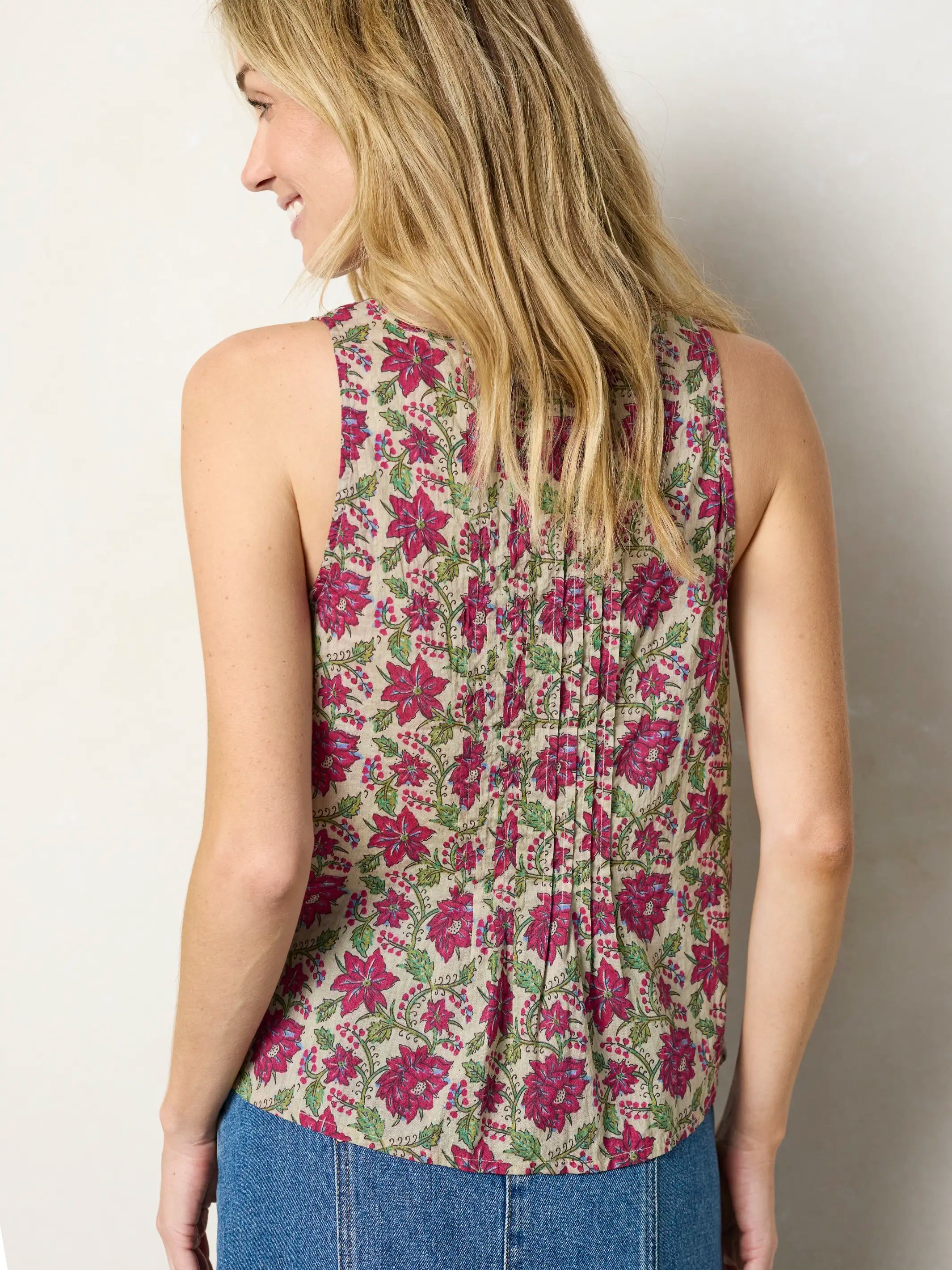 Savannah Cotton Sleeveless Top - Cream Red Lotus
