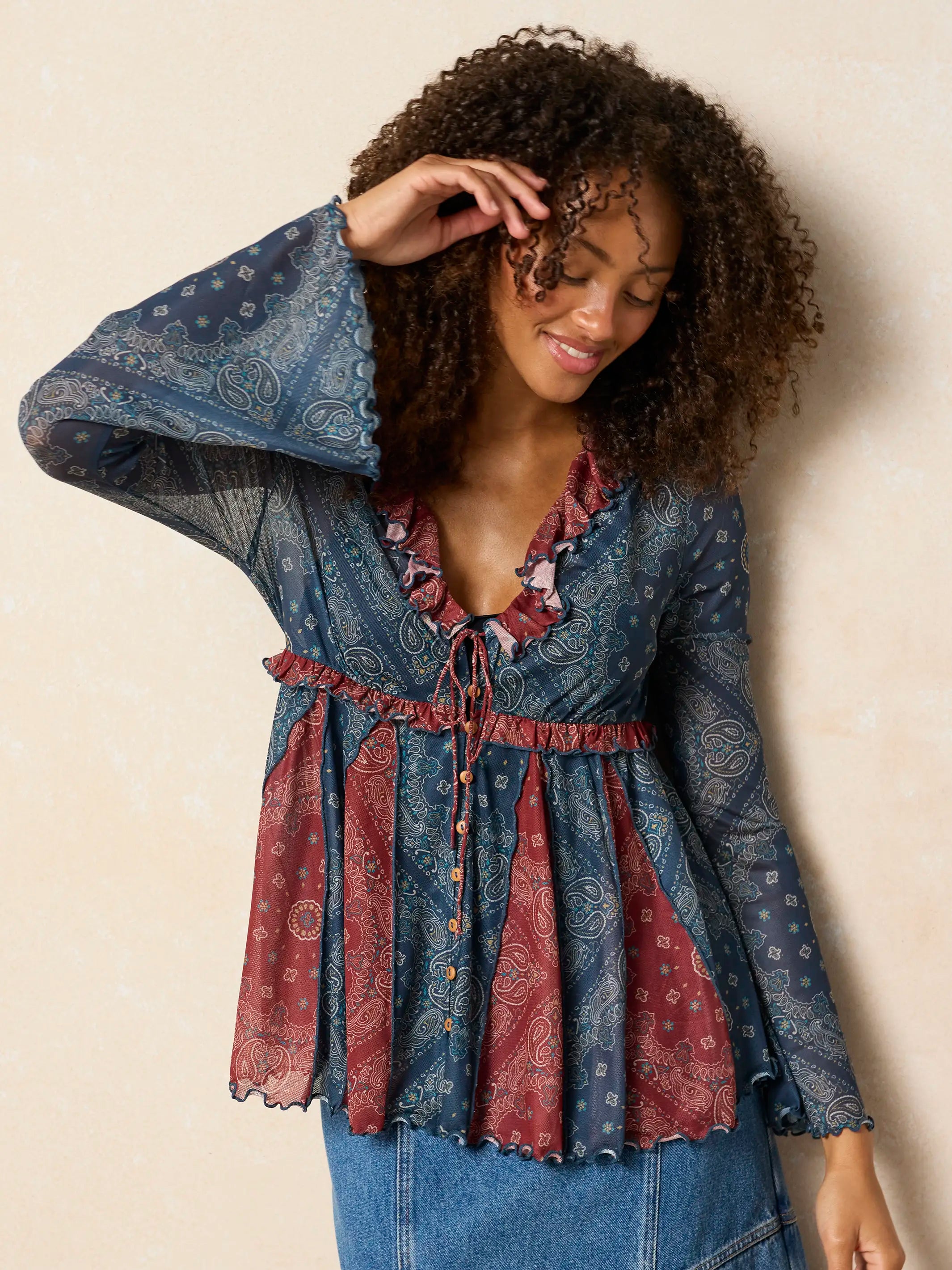 Sierra Ruffle Mesh Top - Classic Bandana Blue