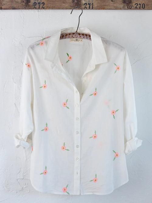 Barcelona Embroidered Cotton Button Down - White Floral